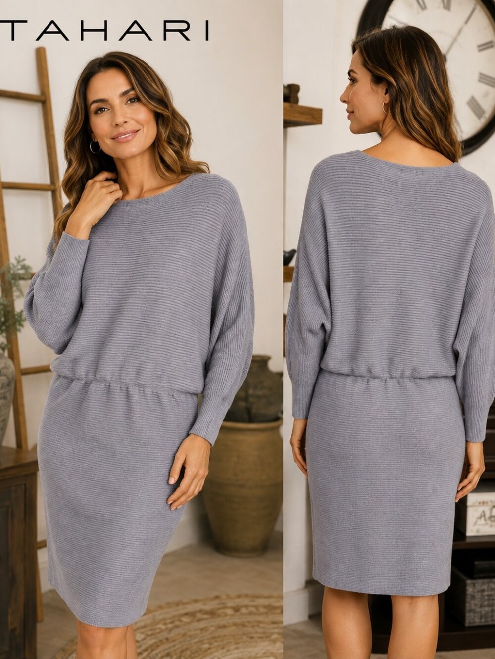 Tahari Ribbed Knit Sweater Dress Gray Lavender Long Sleeve Boat Neck Midi Size L